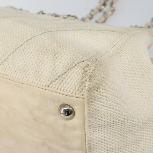 CHANEL Chain V Stitch Shoulder Bag Canvas White Silver CC Auth gh1368