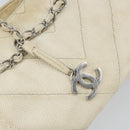 CHANEL Chain V Stitch Shoulder Bag Canvas White Silver CC Auth gh1368-10