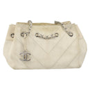 CHANEL Chain V Stitch Shoulder Bag Canvas White Silver CC Auth gh1368-13