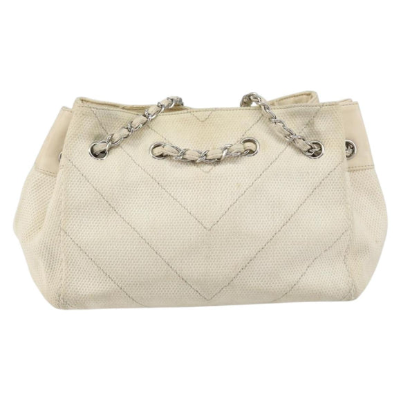 CHANEL Chain V Stitch Shoulder Bag Canvas White Silver CC Auth gh1368