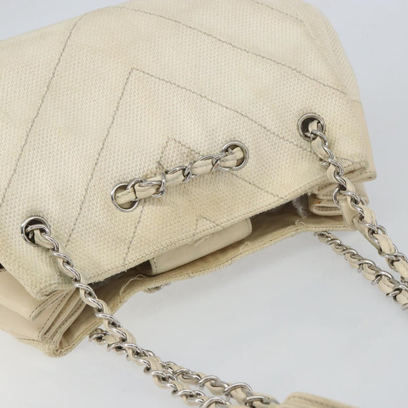 CHANEL Chain V Stitch Shoulder Bag Canvas White Silver CC Auth gh1368
