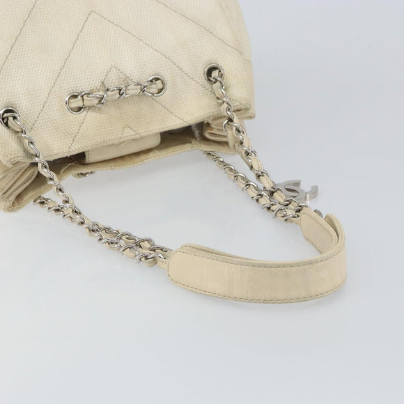 CHANEL Chain V Stitch Shoulder Bag Canvas White Silver CC Auth gh1368