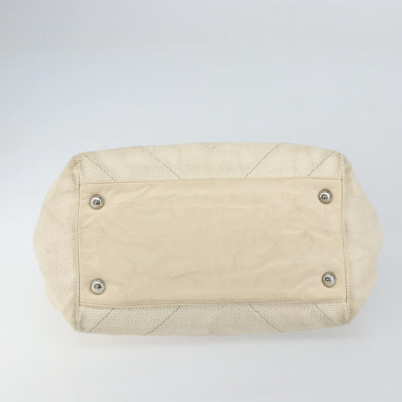 CHANEL Chain V Stitch Shoulder Bag Canvas White Silver CC Auth gh1368