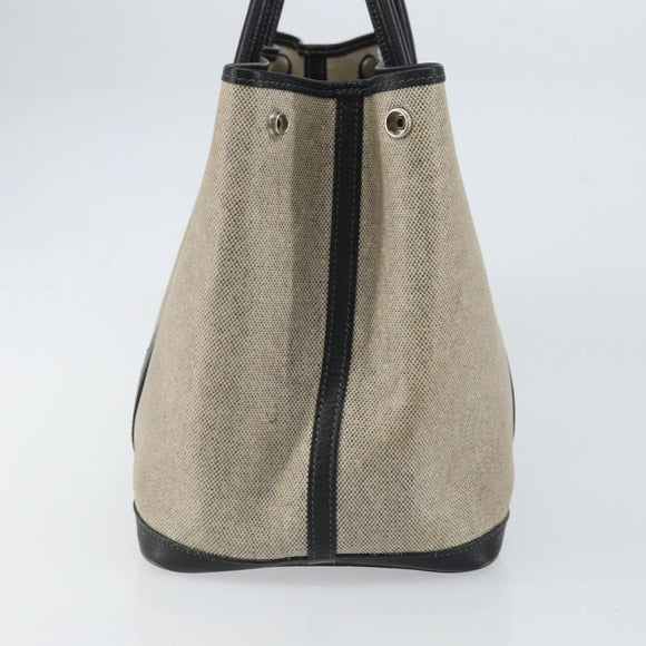 HERMES Garden party PM Bag Coated Canvas Leather White Navy Silver Auth gh1382