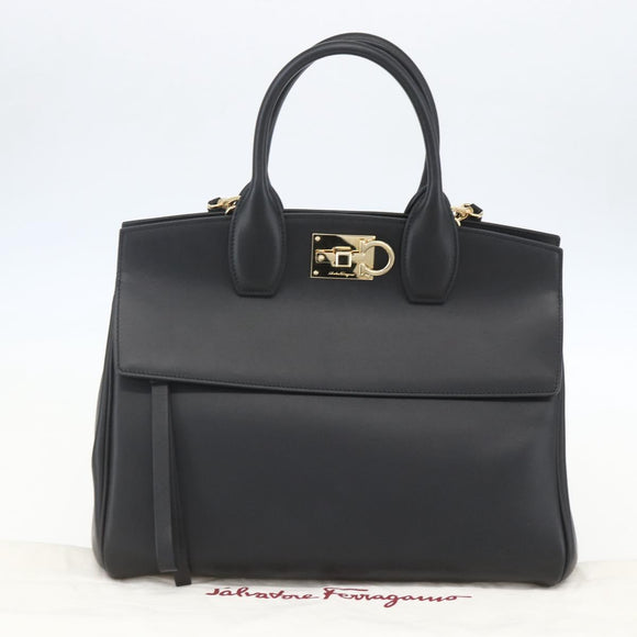 Salvatore Ferragamo Gancini Hand Bag Leather 2way Black Gold Auth gh1393V