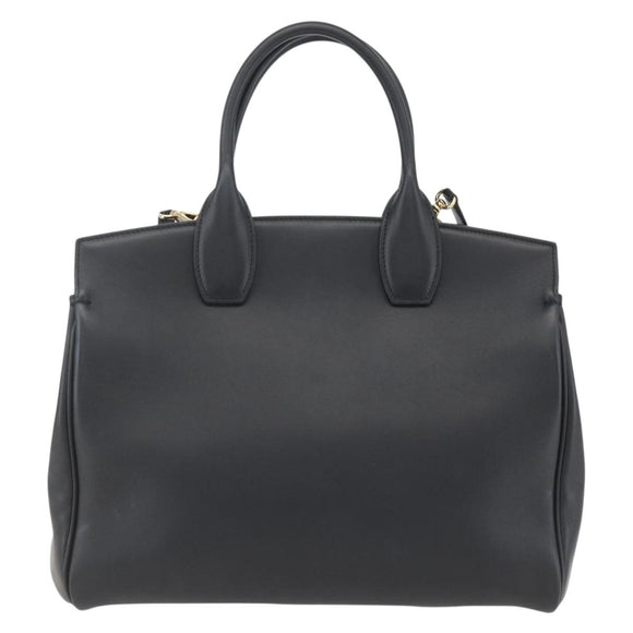 Salvatore Ferragamo Gancini Hand Bag Leather 2way Black Gold Auth gh1393V