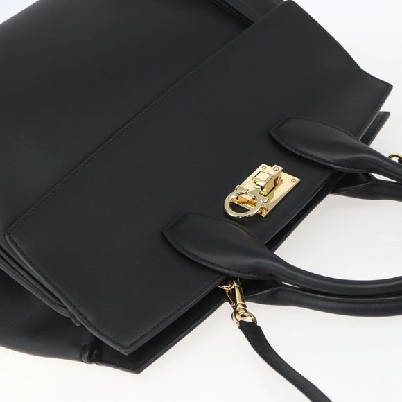 Salvatore Ferragamo Gancini Hand Bag Leather 2way Black Gold Auth gh1393V