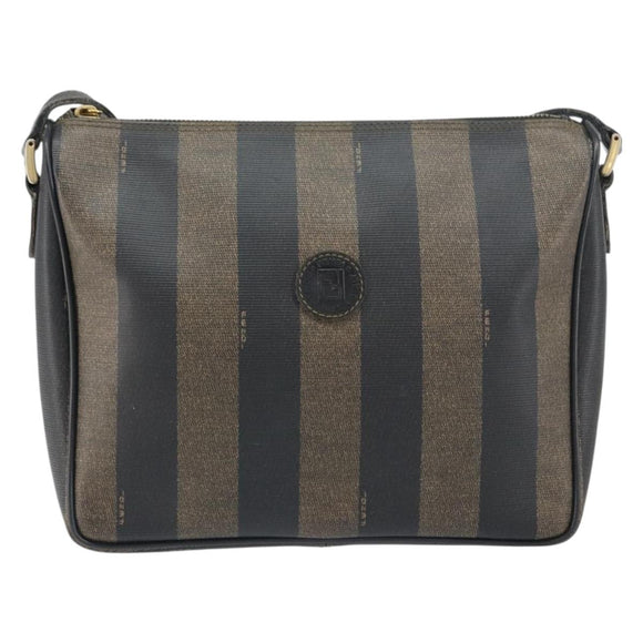 FENDI Pecan Canvas Shoulder Bag PVC Black Brown gold Auth gh1406