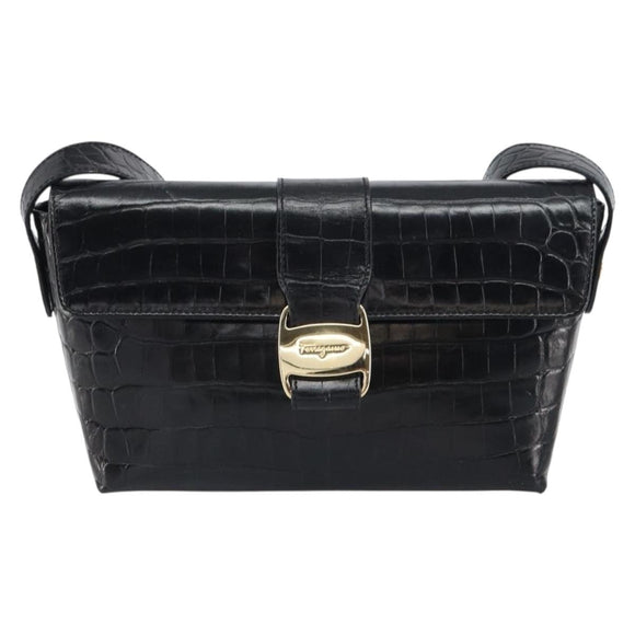 Salvatore Ferragamo Vala Vala Shoulder Bag Leather Black Gold Auth gh1408