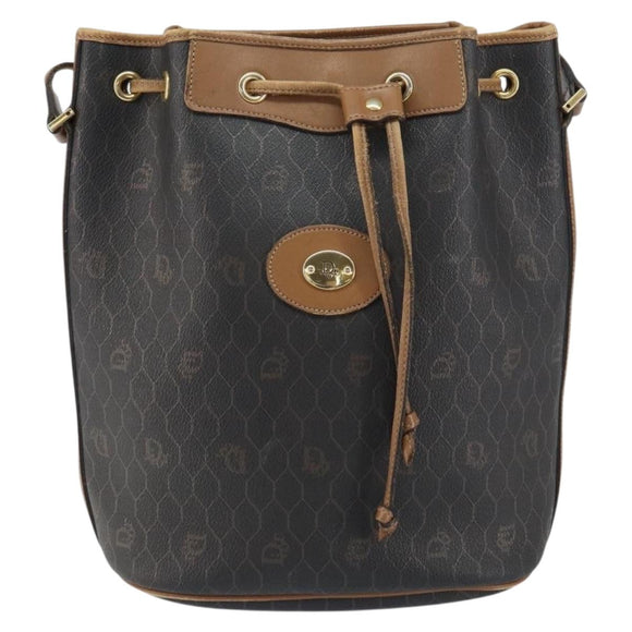Christian Dior Honeycomb Canvas Shoulder Bag PVC Black Gold Auth gh1414