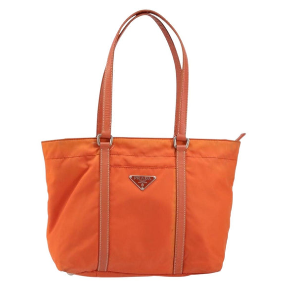 PRADA Tote Bag Nylon Leather Orange Silver Auth gh1423