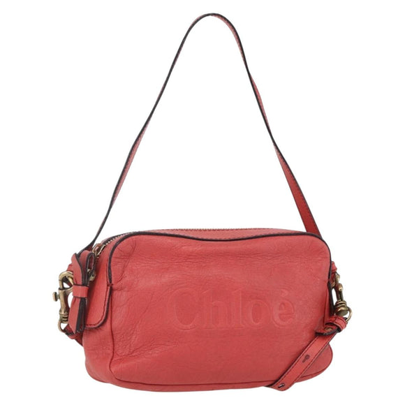 Chloe shadow Shoulder Bag Leather Gold Coral red Auth gh1428