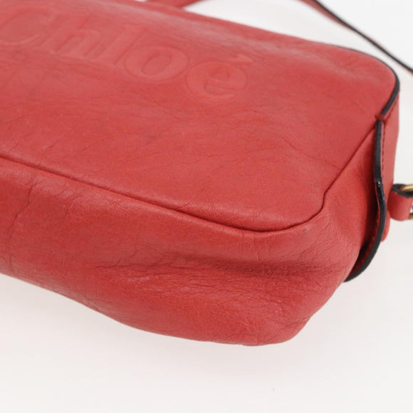 Chloe shadow Shoulder Bag Leather Gold Coral red Auth gh1428