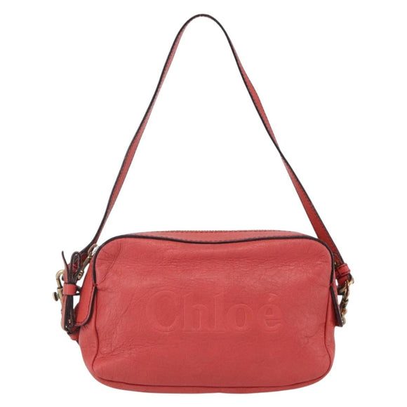 Chloe shadow Shoulder Bag Leather Gold Coral red Auth gh1428