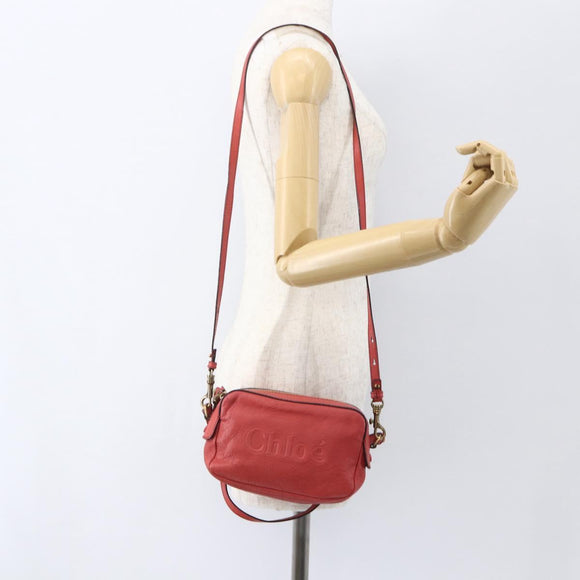 Chloe shadow Shoulder Bag Leather Gold Coral red Auth gh1428