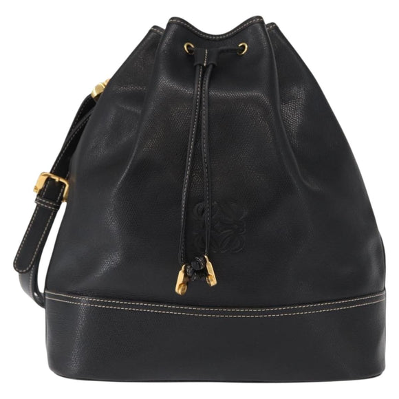LOEWE Anagram Shoulder Bag Leather Black Gold Auth gh1443