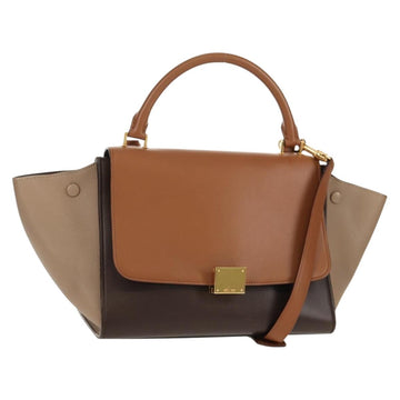 CELINE Trapeze Hand Bag Leather 2way Brown Black gold Auth gh1464
