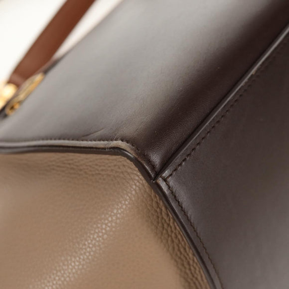 CELINE Trapeze Hand Bag Leather 2way Brown Black gold Auth gh1464