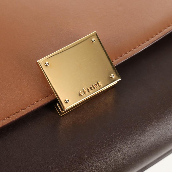 CELINE Trapeze Hand Bag Leather 2way Brown Black gold Auth gh1464