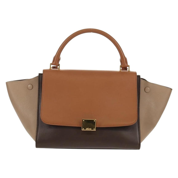 CELINE Trapeze Hand Bag Leather 2way Brown Black gold Auth gh1464