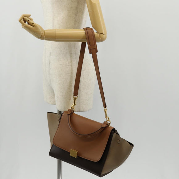 CELINE Trapeze Hand Bag Leather 2way Brown Black gold Auth gh1464