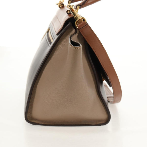 CELINE Trapeze Hand Bag Leather 2way Brown Black gold Auth gh1464