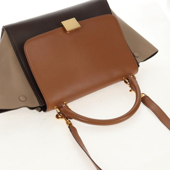 CELINE Trapeze Hand Bag Leather 2way Brown Black gold Auth gh1464