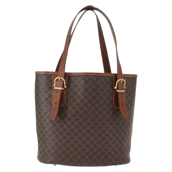 CELINE Macadam Canvas Tote Bag PVC Leather Brown Gold Auth gh1465