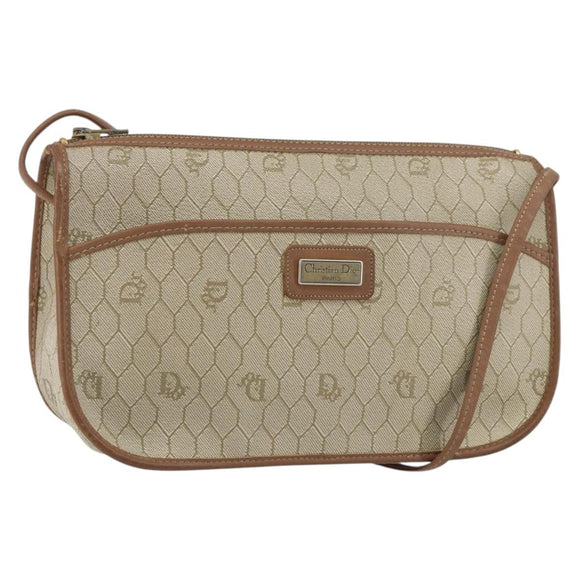 Christian Dior Honeycomb Canvas Shoulder Bag PVC Beige Gold Auth gh1470