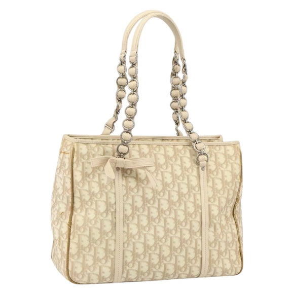 Christian Dior Trotter Canvas Romantic Tote Bag PVC Beige Silver Auth gh1473