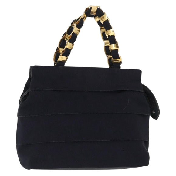 Salvatore Ferragamo Vala Hand Bag Canvas Navy Gold Auth gh1482