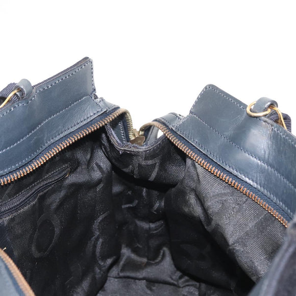 Salvatore Ferragamo Vala Hand Bag Canvas Navy Gold Auth gh1482