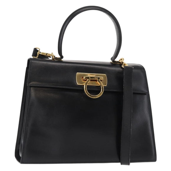 Salvatore Ferragamo Gancini Hand Bag Leather 2way Black Gold Auth gh1484