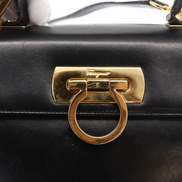 Salvatore Ferragamo Gancini Hand Bag Leather 2way Black Gold Auth gh1484