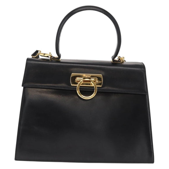 Salvatore Ferragamo Gancini Hand Bag Leather 2way Black Gold Auth gh1484