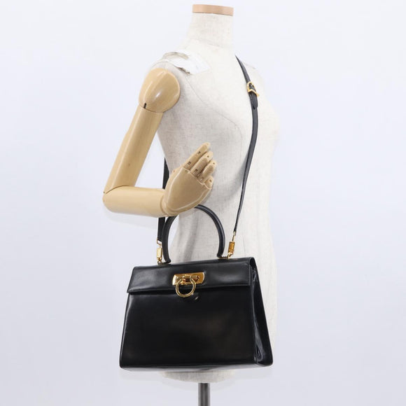 Salvatore Ferragamo Gancini Hand Bag Leather 2way Black Gold Auth gh1484