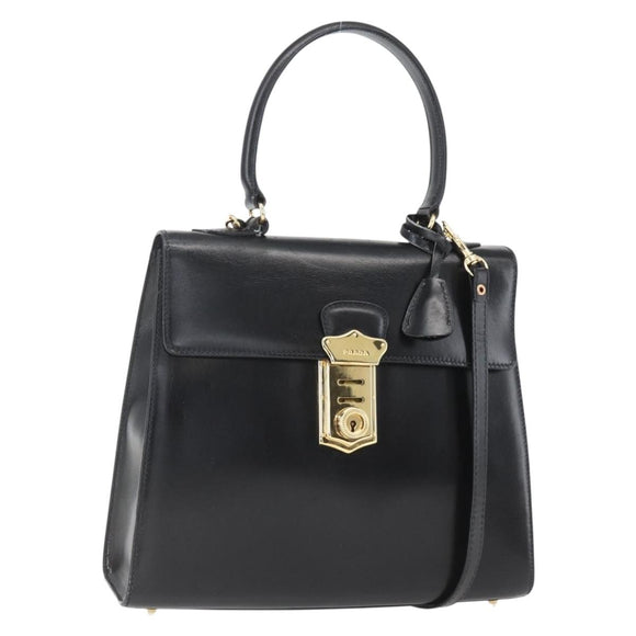 PRADA Hand Bag Leather 2way Black Gold Auth gh1488