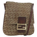 FENDI Zucchino Canvas Mamma Baguette Shoulder Bag Brown Gold Auth gh1492-1