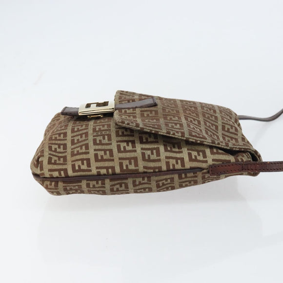 FENDI Zucchino Canvas Mamma Baguette Shoulder Bag Brown Gold Auth gh1492