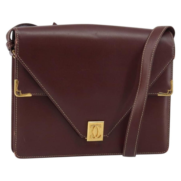 CARTIER Must Line Shoulder Bag Leather Bordeaux Gold Auth gh1495