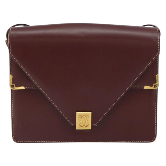 CARTIER Must Line Shoulder Bag Leather Bordeaux Gold Auth gh1495