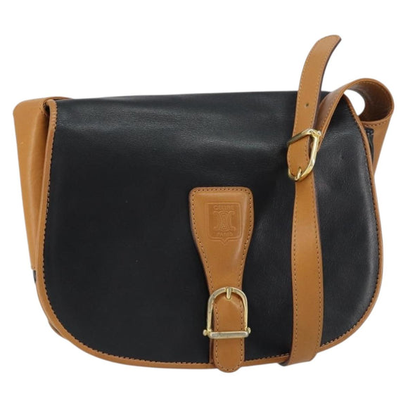 CELINE Shoulder Bag Leather Black Gold Auth gh1499