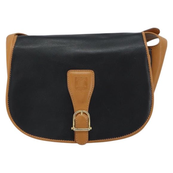 CELINE Shoulder Bag Leather Black Gold Auth gh1499