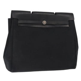 HERMES Herbag MM Hand Bag Canvas Leather Black Silver Auth gh1501
