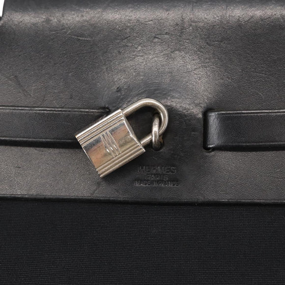 HERMES Herbag MM Handtasche Canvas Leder Schwarz Silber Auth gh1501