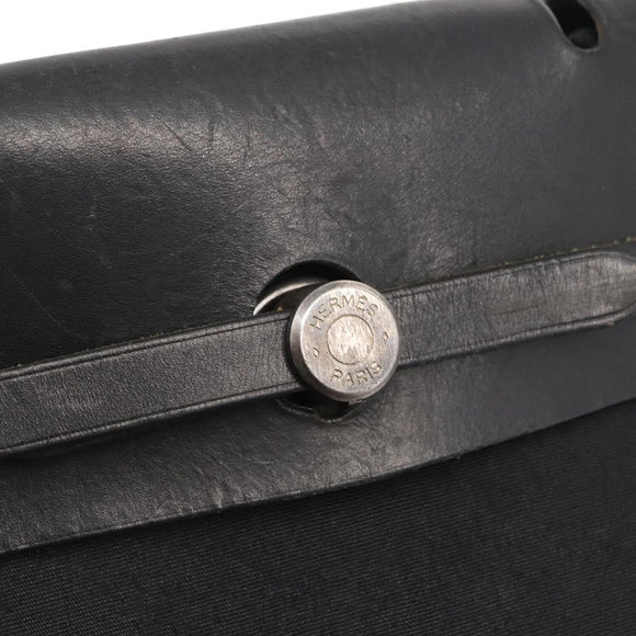 HERMES Herbag MM Handtasche Canvas Leder Schwarz Silber Auth gh1501