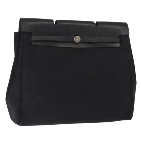 HERMES Herbag MM Handtasche Canvas Leder Schwarz Silber Auth gh1501
