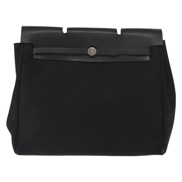 HERMES Herbag MM Handtasche Canvas Leder Schwarz Silber Auth gh1501