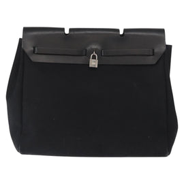 HERMES Herbag MM Hand Bag Canvas Leather Black Silver Auth gh1501 - 0