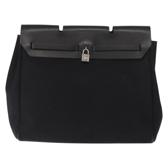HERMES Herbag MM Handtasche Canvas Leder Schwarz Silber Auth gh1501